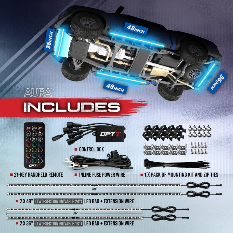 OPT7 Aura Aluminum Underglow LED Lighting Kit for Truck with Remote Control, 12V Exterior Waterproof Off-Road Neon Accent Underbody Light Bar, RGB Multicolor Under Car Decorations - Image 2